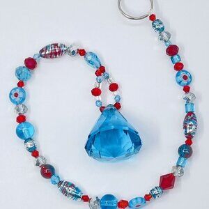 Beaded Suncatcher - Red Turquoise -Triangular Crystal Prism - Hanging Decor